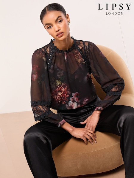 Lipsy Black Floral Lace Insert Blouse (F84604) | R$ 445