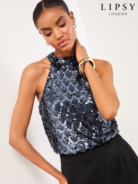 Lipsy Navy Blue Sequin Halter Neck Top (F84606) | R$ 415