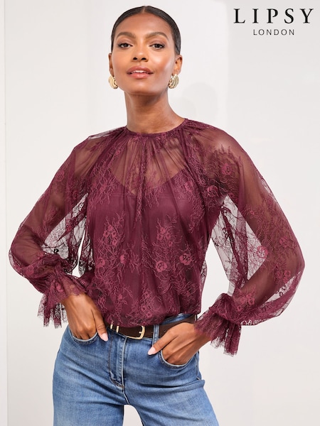 Lipsy Burgundy Red Lace Flared Cuff Blouse (F84626) | €54