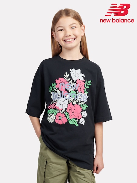 New Balance Black Kids Stacked Floral Graphic 100% Cotton T-Shirt (F84830) | €32 - €37
