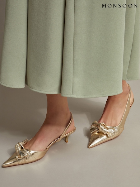 Monsoon Gold Bronte Metallic Bow Slingback Kitten Heels (F84857) | R$ 640