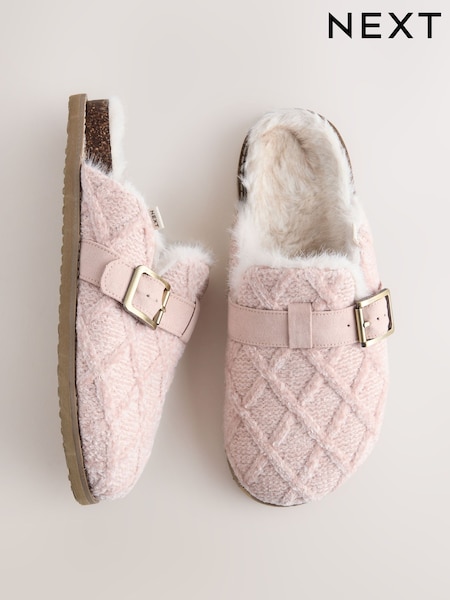 Pink Faux Fur Footbed Buckle Slippers (F85141) | AED109