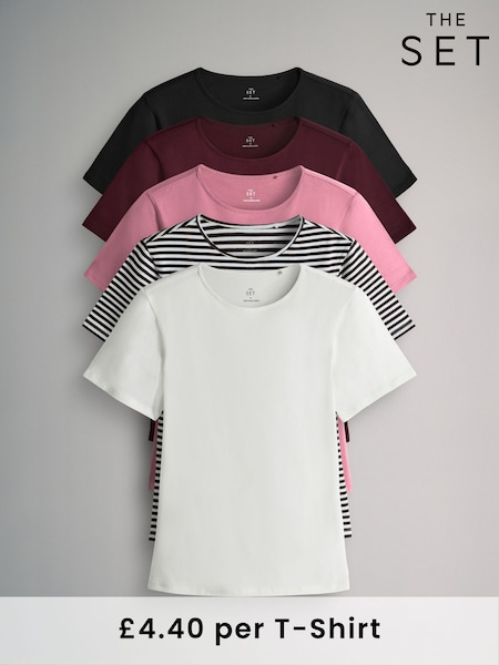 The Set Black/Stripe/Berry/Mid Pink/Cream 5 Pack Short Sleeve Fitted Crew Neck T-Shirts (F85165) | €29