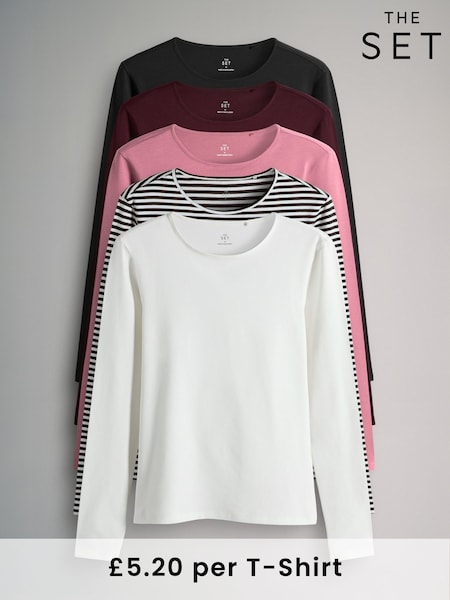 The Set Black/Stripe/Berry/Mid Pink/Cream 5 Pack Long Sleeve Crew Neck T-Shirts (F85166) | €34
