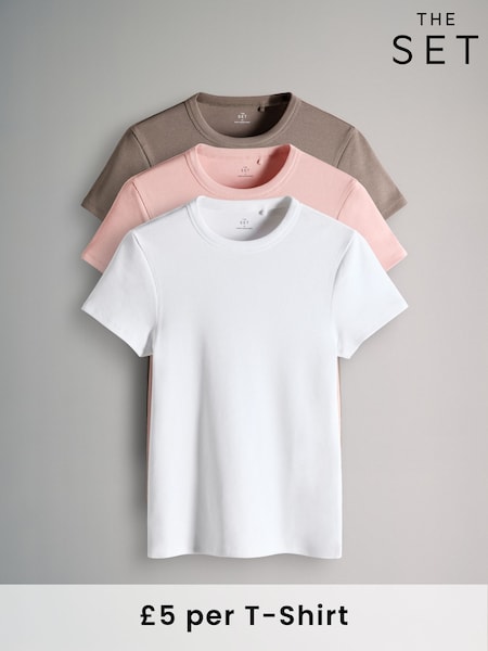 The Set Taupe/Pink/White 3 Pack Ribbed Short Sleeve T-Shirts (F85167) | €21