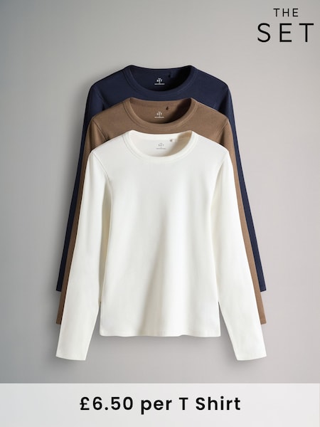 The Set Navy/Cream/Brown 3 Pack Long Sleeve Ribbed T-Shirts (F85168) | €28