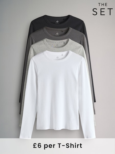 The Set Black/Charcoal Grey/Light Grey Marl/White 4 Pack Long Sleeve Ribbed T-Shirts (F85172) | R$ 235