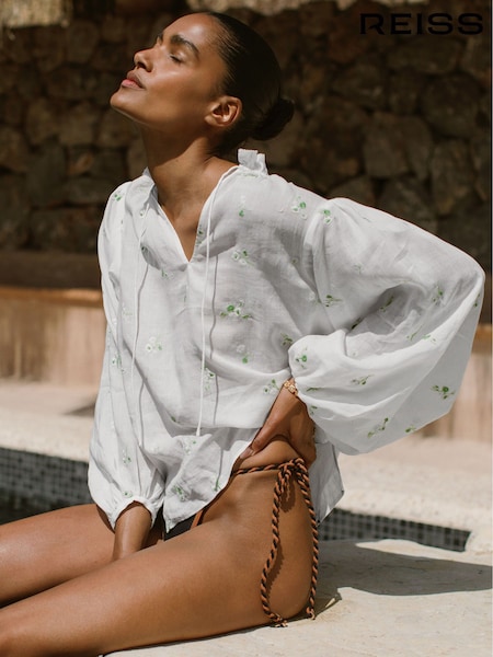 Reiss Maya Floral-Embroidered Tie-Neck Blouse Ramie-Lyocell (F85183) | 340 €