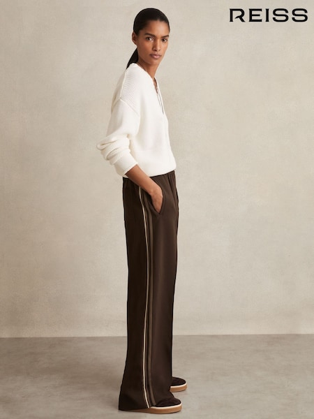 Reiss Chocolate Brown Robyn Petite Side-Stripe Wide-Leg Trousers (F85188) | €195
