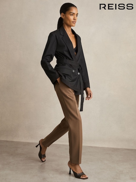 Reiss Black Osbourne Cotton Blend Double Breasted Belted Jacket (F85193) | $451