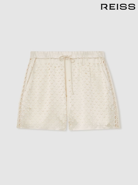 Reiss White Winnie Laser Cut Drawstring Shorts (F85196) | €225