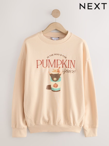 Neutral Relaxed Fit Hamish The Highland Cow Autumnal Pumpkin Spice Latte Seasonal Graphic Print with Heavy Boucle detail Sweatshirt (F85277) | €34