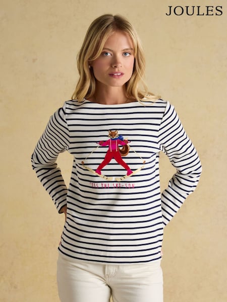 Joules Festive Harbour Jonty Fox Cream/Navy Boat Neck Breton Top (F85488) | AED233