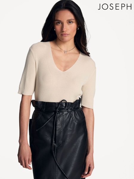 Joseph Cream Fine Merino Rib V-Neck Top (F85496) | AED1,310