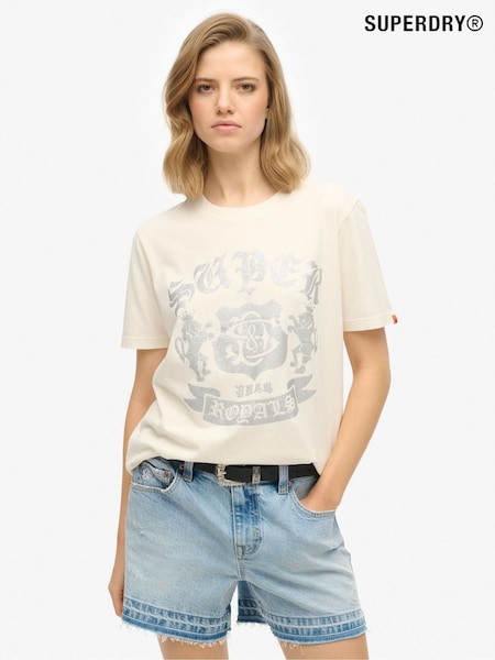 Superdry Cream Embellished Varsity Relaxed 100% Cotton T-Shirt (F85609) | €35