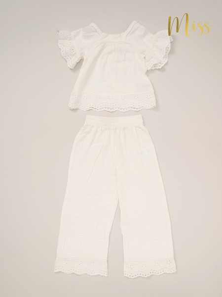 Miss Broderie White Top and Wide Leg Trousers Outfit Set (F85611) | €37 - €40