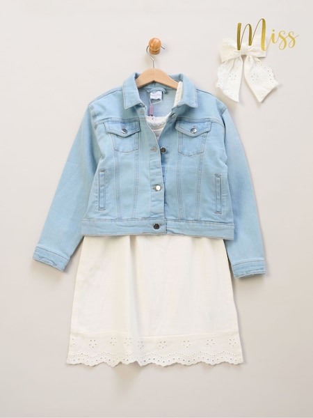 Miss Broderie White Dress Denim Jacket and Hair Clip Outfit Set (F85635) | R$ 295 - R$ 315