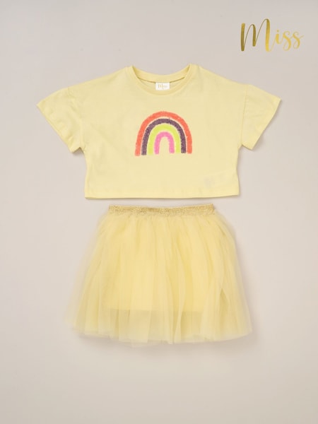 Miss Cropped Printed Brown T-Shirt and Skirt Outfit Set (F85643) | €42