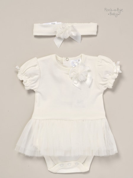 Rock-A-Bye Baby Boutique Rose Ribbon Detail Tutu White Bodysuit and Headband Outfit Set (F85668) | ₪91