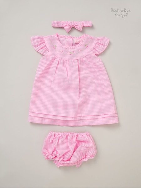 Rock-A-Bye Baby Boutique Pink 100% Cotton Dress Knickers and Bow Headband Outfit Set (F85675) | ₪101