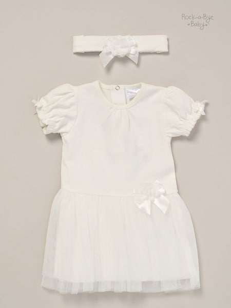 Rock-A-Bye Baby Boutique Rose Ribbon Detail Tutu White Dress and Headband Outfit Set (F85681) | €31