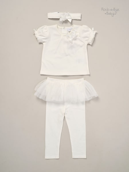 Rock-A-Bye Baby Boutique Rose Ribbon Detail White Top And Leggings Set (F85683) | ₪111