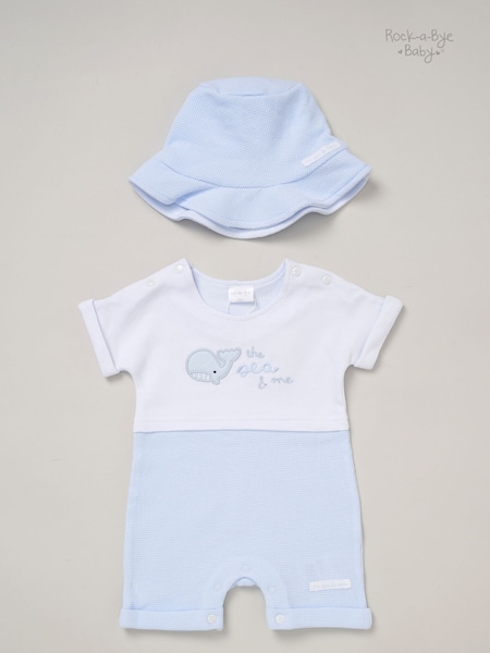 Rock-A-Bye Baby Boutique Blue 100% Cotton Printed Romper and Reversible Hat Outfit Set (F85691) | €26