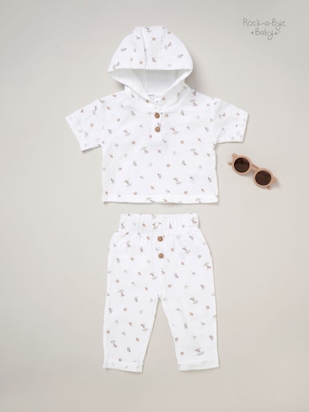 Rock-A-Bye Baby Boutique 100% Cotton Printed White Hooded And Joggers Set (F85694) | ₪121