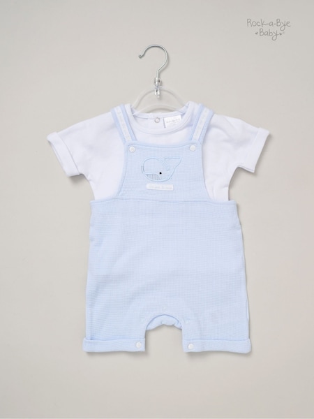 Rock-A-Bye Baby Boutique Blue 100% Cotton Waffle Dungarees and Printed T-Shirt Outfit Set (F85701) | ₪121
