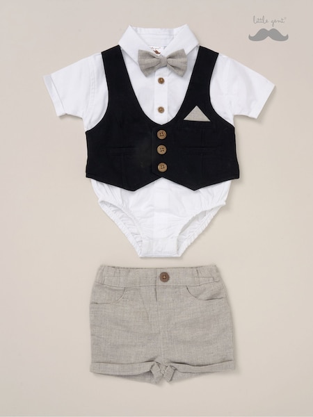 Little Gent 100% Cotton Bodysuit Brown Shirt with Mock Waistcoat Shorts and Bowtie Outfit Set (F85705) | R$ 275