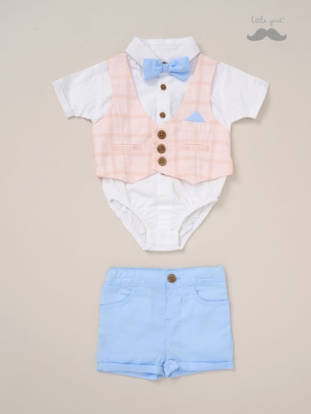 Little Gent 100% Cotton Bodysuit Brown Shirt with Mock Waistcoat Shorts and Bowtie Outfit Set (F85715) | ₪141
