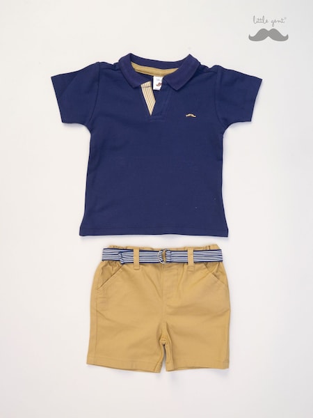 Little Gent Blue Polo Shirt and Belted Shorts Outfit Set (F85720) | ₪121 - ₪141
