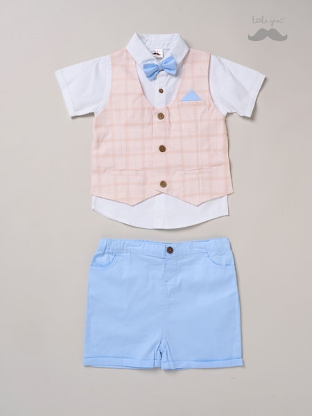 Little Gent 100% Cotton Brown Shirt with Mock Waistcoat Shorts and Bowtie Outfit Set (F85737) | 1,802 UAH