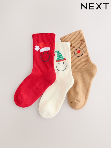 Christmas Red Cream and Neutral Regular Length 3 Pack Cotton Rich Cushioned Sole Ankle Socks (F85741) | €7 - €9