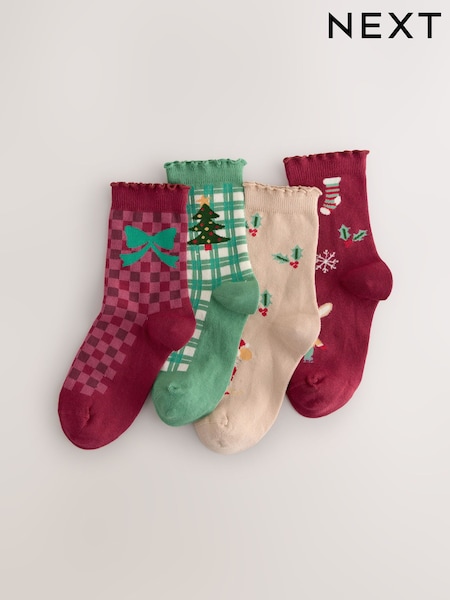 Red/Green and Cream Cotton Rich Christmas Character Ankle Socks 4 Pack (F85747) | €11 - €13
