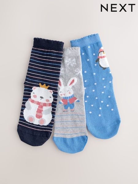 Blue and Grey Cotton Rich Chirstmas Character Ankle Socks 3 Pack (F85748) | €7 - €9