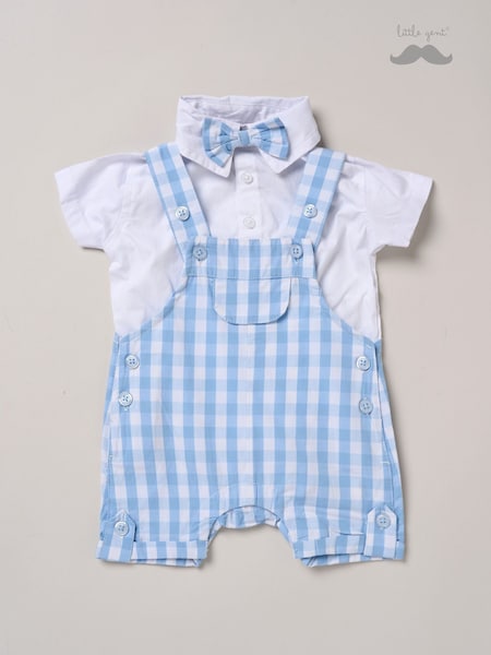 Little Gent Blue 100% Cotton Bodysuit Shirt Dungarees and Bowtie Outfit Set (F85804) | €34