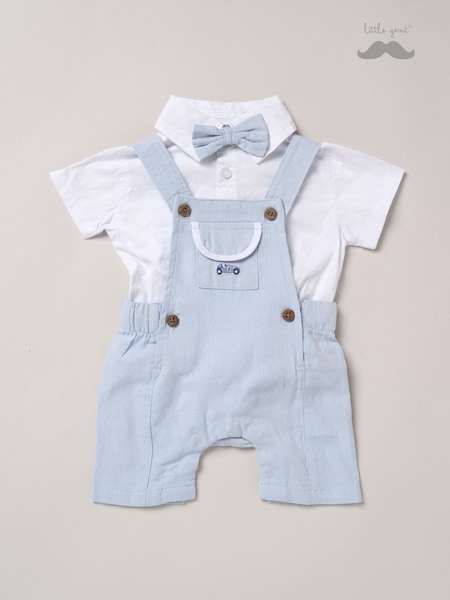 Blå - Little Gent Blå 100% Bomull Bodysuit Skjorter snekkerbukser og sløyfe Antrekkssett (F85807) | kr371