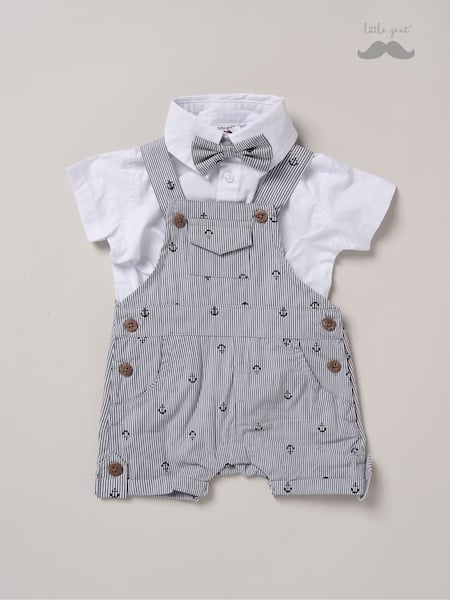 Little Gent Blue 100% Cotton Bodysuit Shirt Dungarees and Bowtie Outfit Set (F85809) | 129 QAR