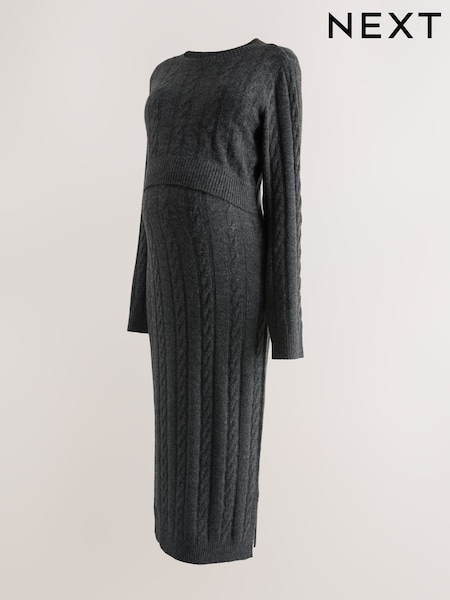Charcoal Grey Maternity Knitted Nursing Dress (F85842) | AED185