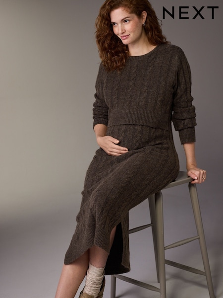 Chocolate Brown Maternity Knitted Nursing Dress (F85843) | AED185