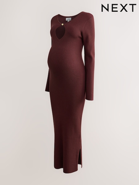 Burgunderrot - Maternity Knitted Keyhole Dress (F85847) | 64 €