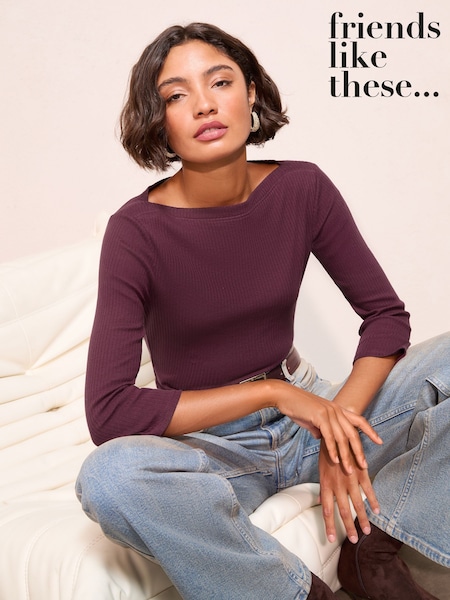 Friends Like These Red 3/4 Sleeve Ribbed Boat Neck T-Shirt (F85928) | €23