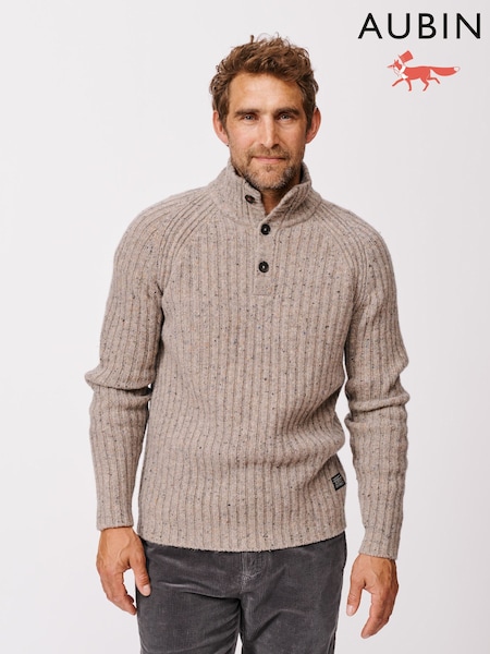 Aubin Natural Farnham Fisherman Rib Button Neck Jumper (F86084) | €158