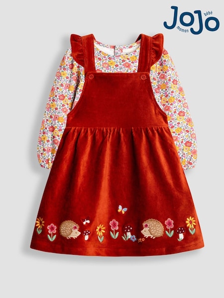 JoJo Maman Bébé Orange Rust Hedgehog Appliqué Pinafore Dress & Top Set (F86090) | €45 - €49