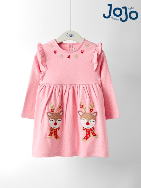 JoJo Maman Bébé Rose Pink Reindeer Christmas Frill Shoulder Appliqué Dress (F86092) | € 40 - € 45