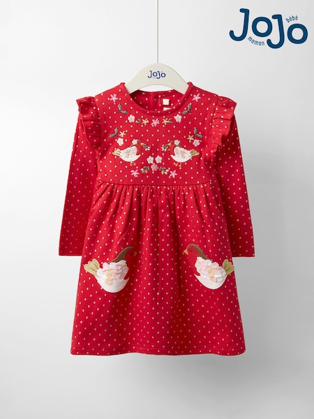 JoJo Maman Bébé Red Robin Christmas Frill Shoulder Appliqué Dress (F86094) | R$ 245 - R$ 275