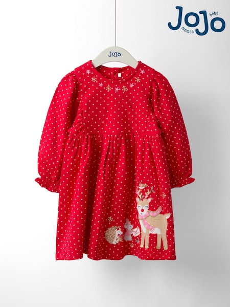 JoJo Maman Bébé Red Reindeer Christmas Yoke Appliqué Dress (F86095) | R$ 245 - R$ 275