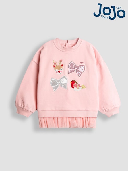 JoJo Maman Bébé Pink XMAS Characters & Bows Appliqué Tulle Frill Sweatshirt (F86096) | € 40 - € 45
