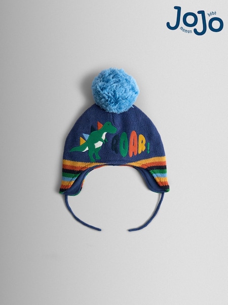 JoJo Maman Bébé Blue Dino Cosy Pom Pom Rib Hat (F86113) | AED96